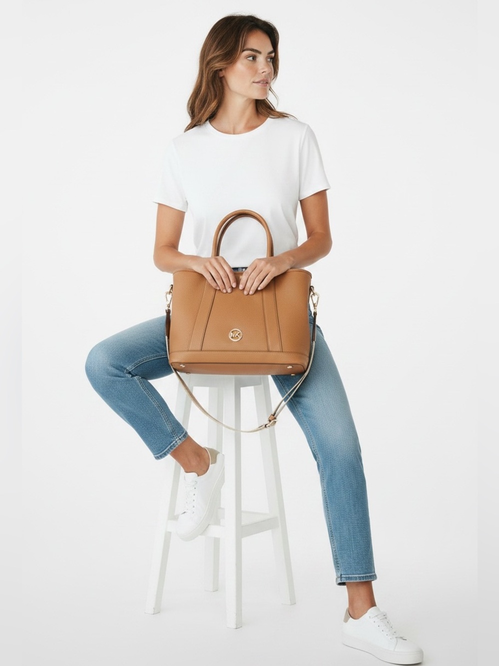 Michael Kors Cognac Leather Shoulder Tote with Branded Strap